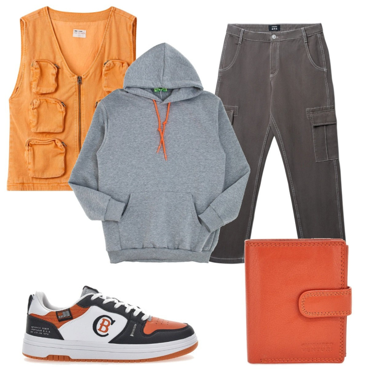 Outfit uomo - Total look #2259766. Stile Casual per Tutti i giorni. Abbinamento con gilet, pantaloni cargo, felpe con cappuccio, portafogli, sneakers.