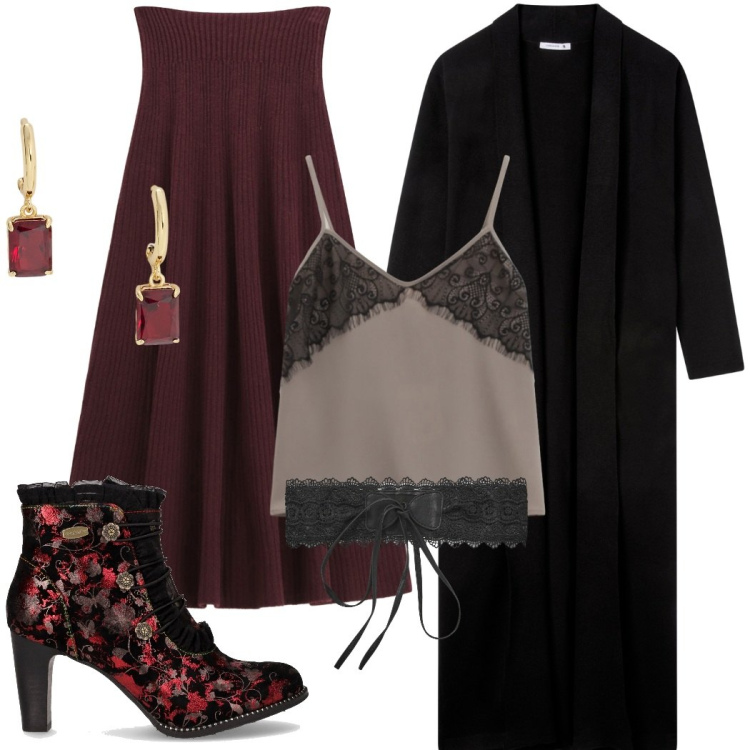Outfit donna - Gipsy rivisitato. Stile Boho per Serata fuori. Abbinamento con cinture, cardigans, gonne lunghe, top, orecchini, stivaletti.
