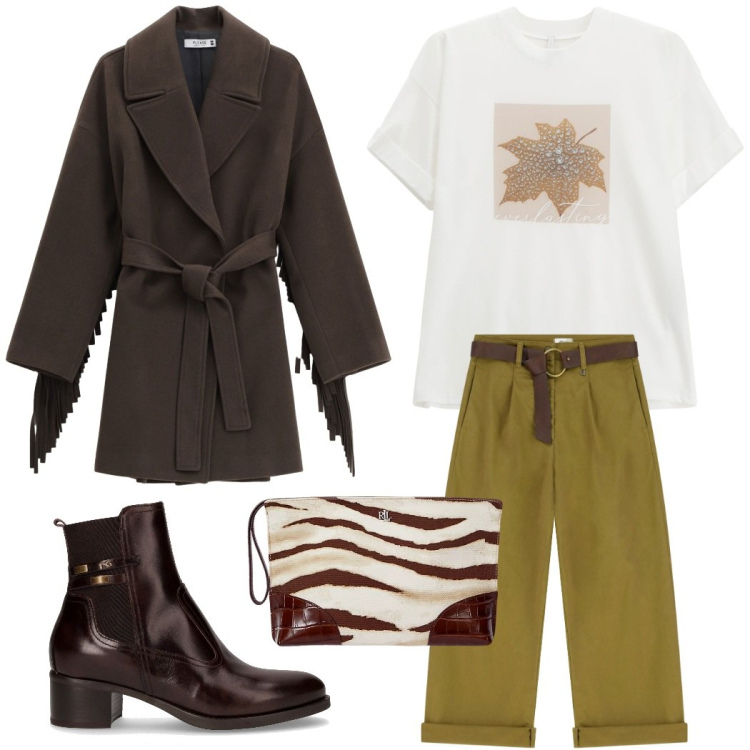 Outfit donna - La giacca con le frange. Stile Casual chic per Tutti i giorni. Abbinamento con cappotti, t-shirt, pantaloni, pochette, stivaletti.