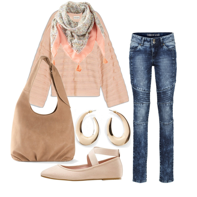 Outfit femme - Octobre. Style Tendance pour Bureau. Assortir avec pulls, sacs en bandoulière, jean skinny, ballerines, foulards, boucles d'oreilles.