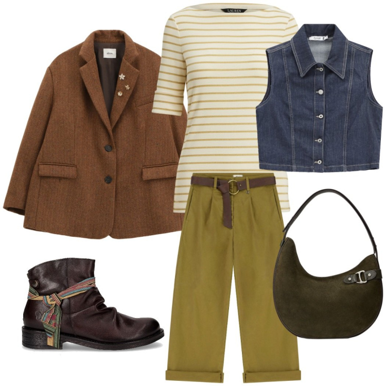 Outfit donna - Urban style. Stile Urban per Tutti i giorni. Abbinamento con gilet, pantaloni, blazer, borse a spalla, t-shirt, stivaletti chelsea.