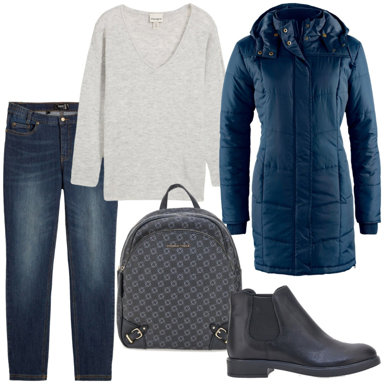Outfit donna - Total look #2259795. Stile Basic per Tutti i giorni. Abbinamento con jeans skinny, giacche, maglieria, zaini, stivaletti chelsea.