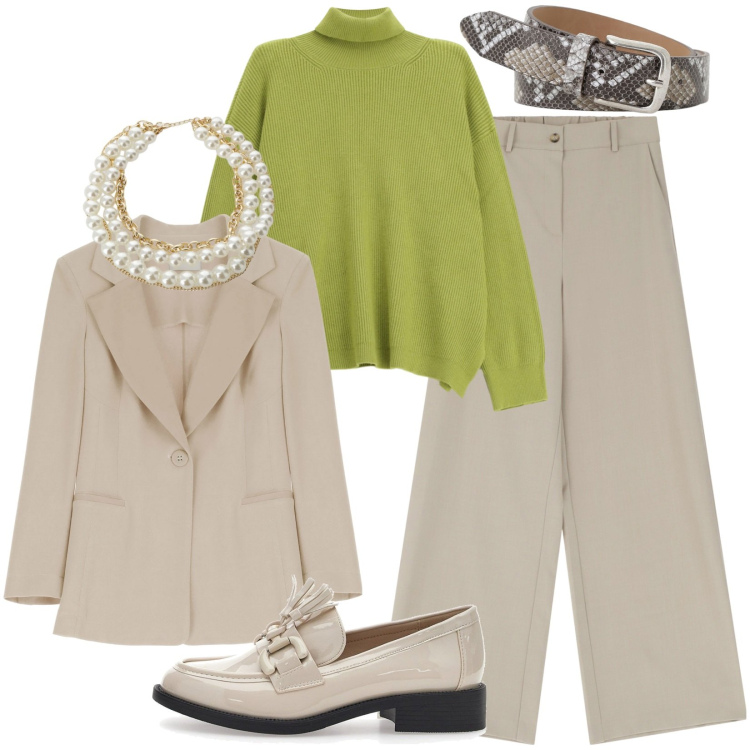 Outfit donna - Total look #2259796. Stile Casual per Ufficio. Abbinamento con pantaloni a palazzo, blazer, cinture, collane, maglieria, mocassini.
