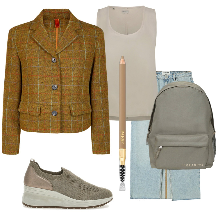 Outfit donna - Total look #2259798. Stile Casual chic per Tutti i giorni. Abbinamento con eyeliner, gonne longuette, zaini, top, scarpe stringate, blazer.