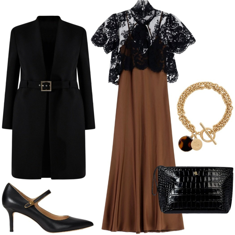 Outfit donna - Cerimonia elegante. Stile Glamour per Cerimonia. Abbinamento con trench, vestiti lunghi, pochette, braccialetti con ciondoli, décolleté.