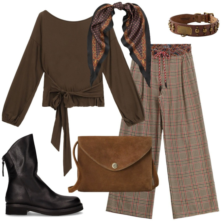 Outfit donna - Total look #2259800. Stile Boho per Tutti i giorni. Abbinamento con pantaloni a palazzo, top, borse a tracolla, anelli, foulard, stivaletti.