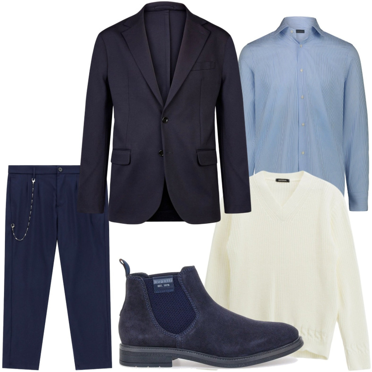 Outfit uomo - Layering sofisticato. Stile Casual per Ufficio. Abbinamento con pantaloni, maglieria, giacche, stivali e stivaletti, camicie.