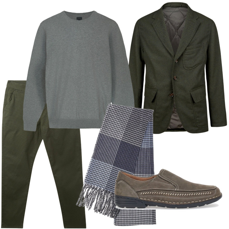 Outfit uomo - Giochi di volumi. Stile Trendy per Ufficio. Abbinamento con pantaloni chino, sciarpe, giacche, scarpe stringate, maglieria.