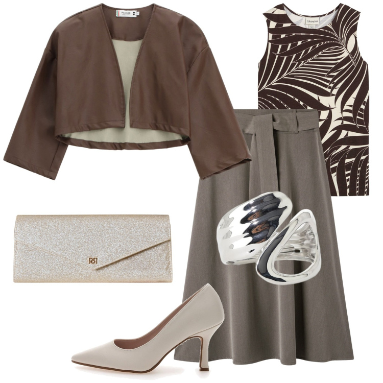 Outfit donna - Invito a cena. Stile Chic per Serata fuori. Abbinamento con top, gonne lunghe, giacche, pochette, anelli, décolleté.