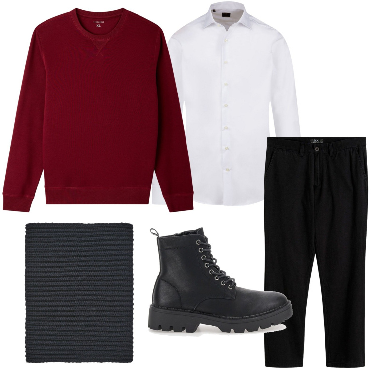 Outfit uomo - Outfit di carattere. Stile Trendy per Tutti i giorni. Abbinamento con pantaloni chino, felpe, scaldacollo, camicie, anfibi.