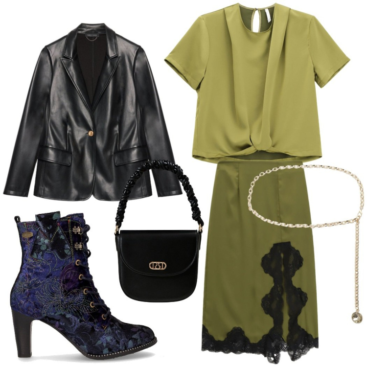 Outfit donna - Eclettica. Stile Boho per Serata fuori. Abbinamento con gonne longuette, cinture, borse a mano, bluse, stivaletti, blazer.