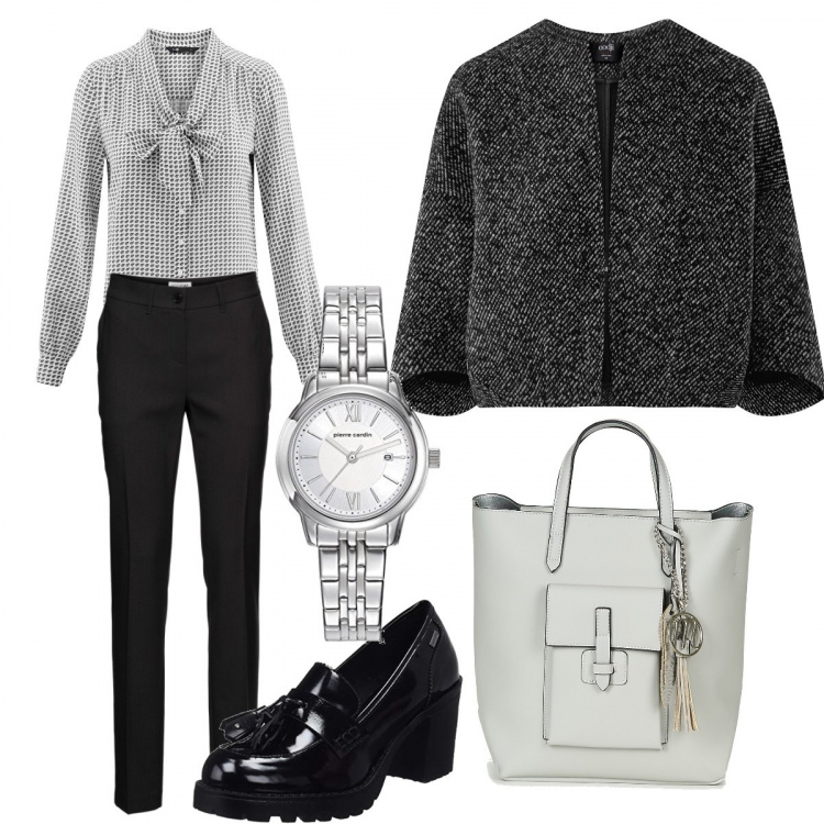 Outfit donna - Fiocco e pois. Stile Urban per Ufficio. Abbinamento con pantaloni, borsa grigio, camicetta con laccetti aderente bianco, blazer aderente nero, mocassini nero, orologi.
