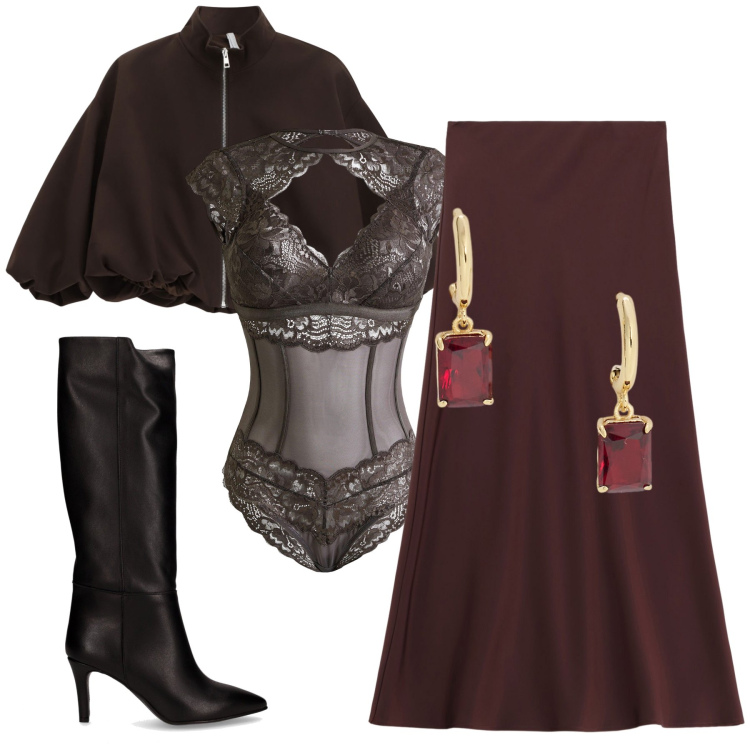 Outfit donna - Audaci. Stile Glamour per Serata fuori. Abbinamento con body, bomber, gonne lunghe, orecchini, stivali.