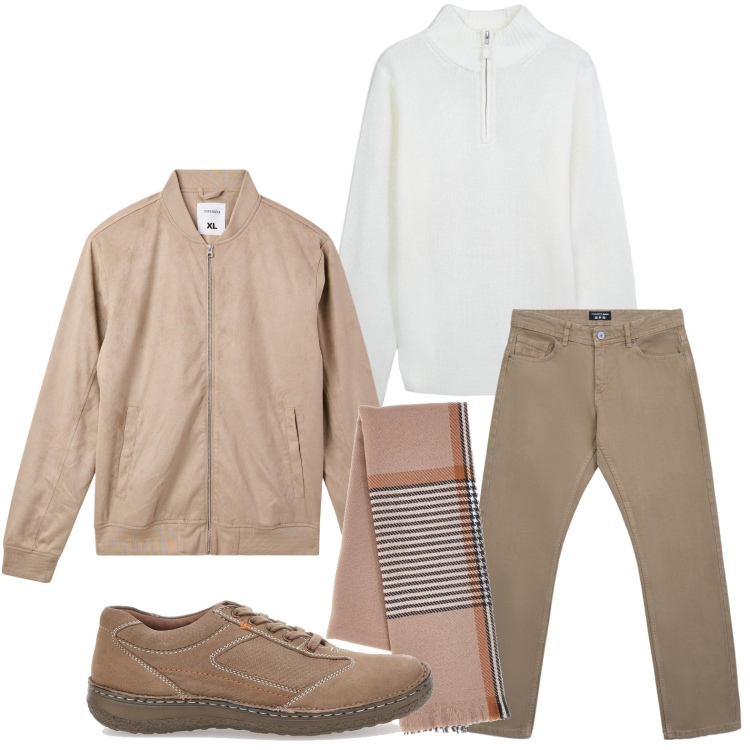 Outfit uomo - Colori neutri. Stile Trendy per Tutti i giorni. Abbinamento con bomber, jeans, maglieria, sciarpe, sneakers.