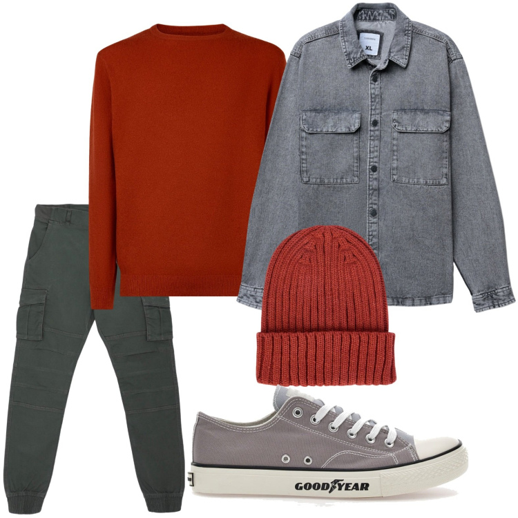 Outfit uomo - Trend interessante. Stile Trendy per Tutti i giorni. Abbinamento con pantaloni cargo, cappotti, sneakers, berretti, maglieria.