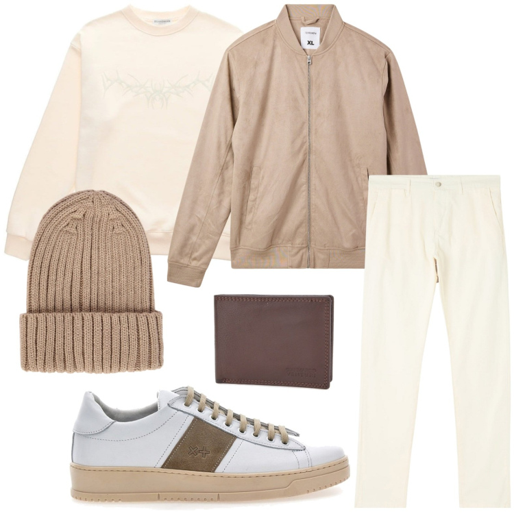 Outfit uomo - Attenzione al comfort. Stile Casual per Tutti i giorni. Abbinamento con pantaloni chino, bomber, berretti, portafogli, felpe, sneakers.