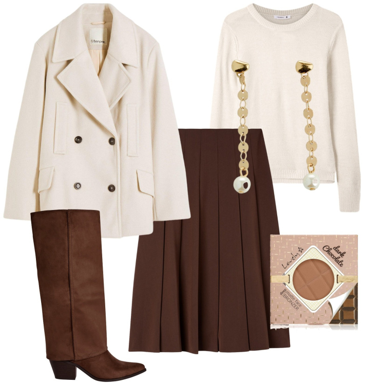 Outfit donna - Trendy gonna e stivali. Stile Trendy per Tutti i giorni. Abbinamento con caban, orecchini, terre, gonne lunghe, maglieria, stivali sopra il ginocchio.