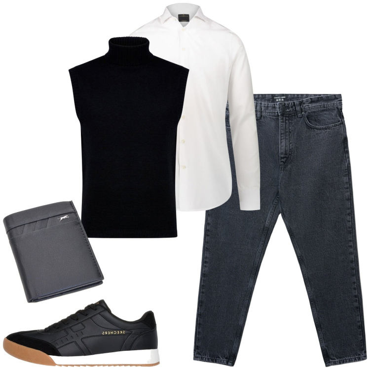 Outfit uomo - Total look #2259820. Stile Casual per Tutti i giorni. Abbinamento con jeans strappati, gilet, sneakers, camicie, portafogli.