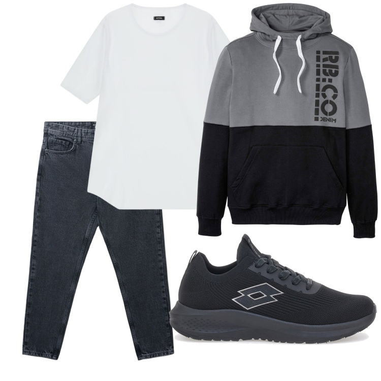 Outfit uomo - Total look #2259821. Stile Casual per Tutti i giorni. Abbinamento con felpe con cappuccio, jeans strappati, t-shirt, sneakers.