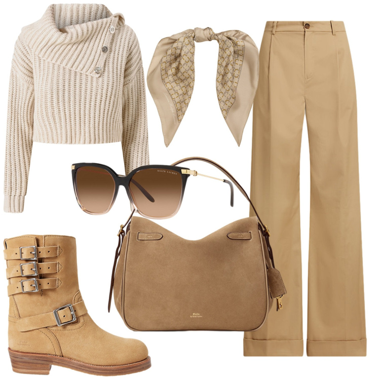 Outfit donna - Total look #2259822. Stile Casual chic per Scuola/Università. Abbinamento con maglieria, pantaloni, occhiali da sole, borse a mano, stivali, foulard.