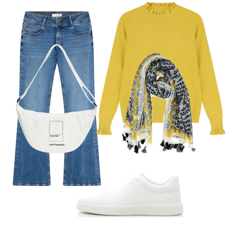 Outfit donna - Total look #2259823. Stile Basic per Tutti i giorni. Abbinamento con jeans a zampa, marsupi, maglieria, sneakers, sciarpe.