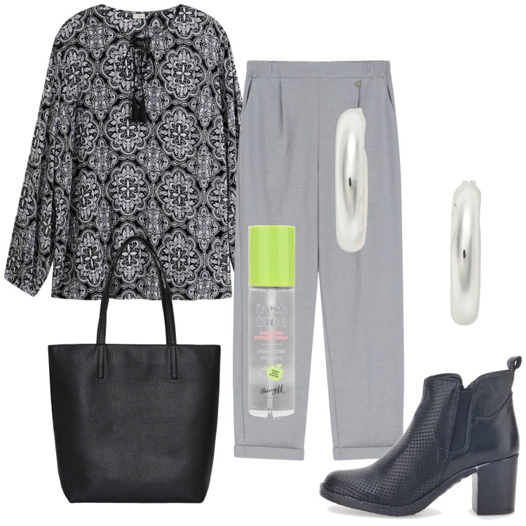Outfit donna - Pantaloni cropped. Stile Casual chic per Tutti i giorni. Abbinamento con bluse, ciprie, borse tote, pantaloni, orecchini, stivaletti.