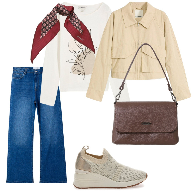 Outfit donna - Lunedì. per Tutti i giorni. Abbinamento con maglieria, trench, jeans a zampa, borse a tracolla, foulard, mocassini.