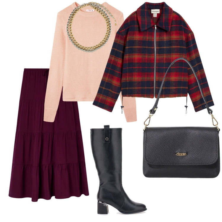 Outfit donna - Gonna e stivali. per Scuola/Università. Abbinamento con blazer, gonne lunghe, maglieria, borse a tracolla, stivali sopra il ginocchio, collane.
