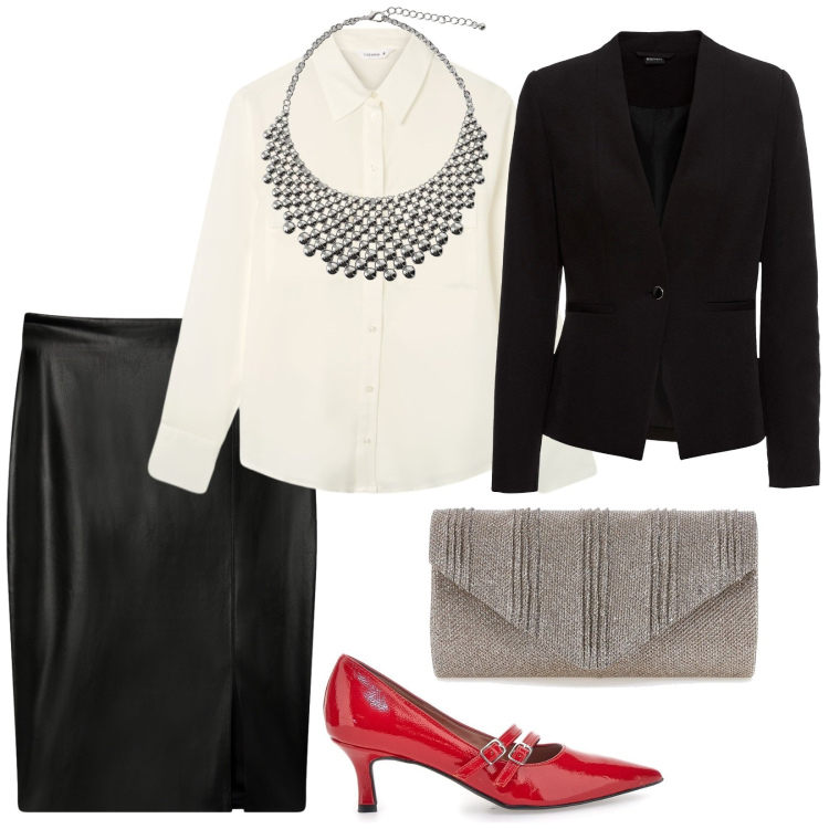 Outfit donna - Una cena importante. per Serata fuori. Abbinamento con blazer, camicie, gonne longuette, collane, clutch, décolleté.