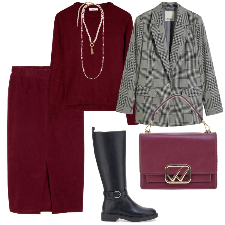 Outfit donna - Ottobrata. per Ufficio. Abbinamento con blazer, gonne longuette, maglieria, borse a tracolla, stivali sopra il ginocchio, collane.