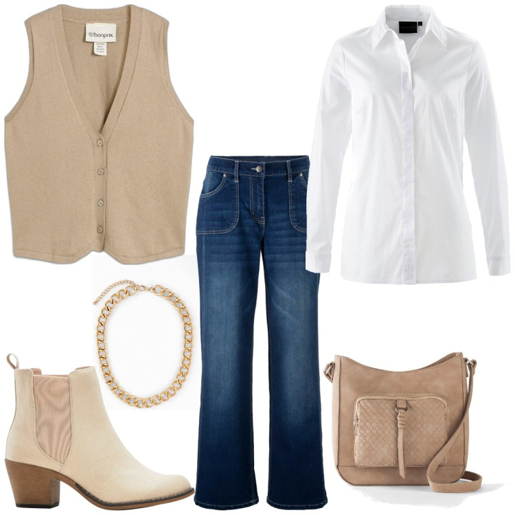 Outfit femme - Beige tendance et bohème. Style Tendance pour Tous les jours. Assortir avec gilets sans manche, colliers, chemisiers, sacs en bandoulière, bottines texanes, jeans.