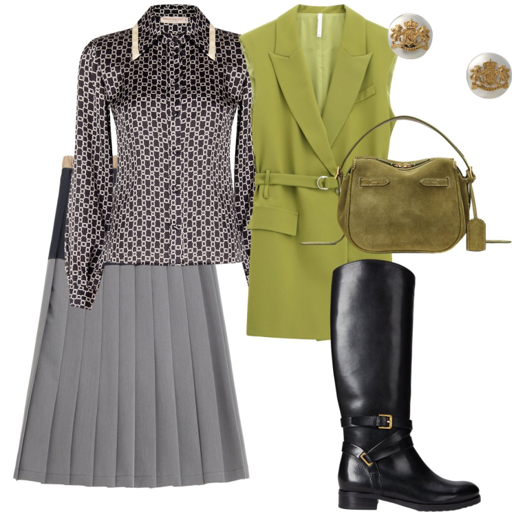 Outfit donna - Quando vuoi. per Tutti i giorni. Abbinamento con camicie, gilet, gonne longuette, orecchini, borse a mano, stivali.