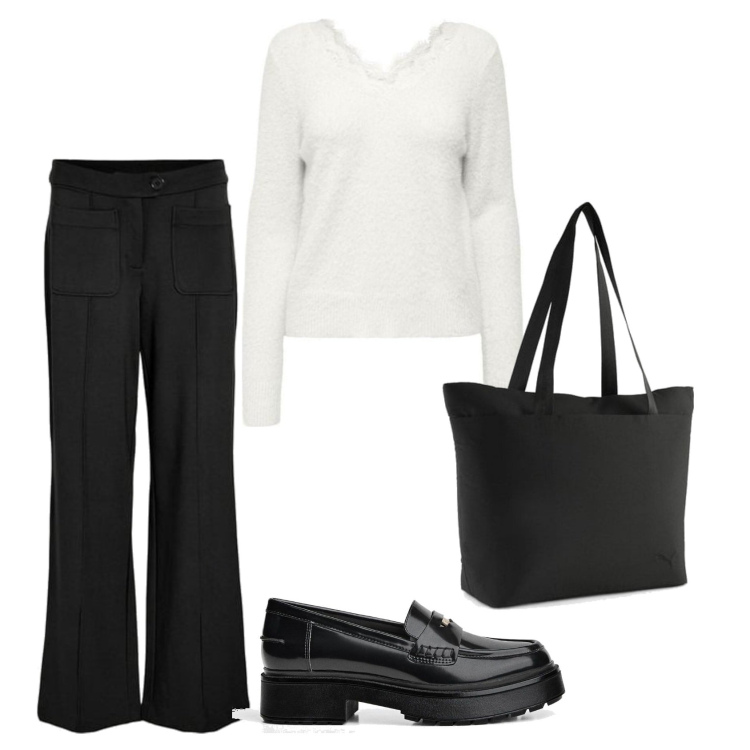 Outfit mujer - Basic look. Estilo Basic para Todos los días. Combinación con prendas de punto, mocasines, pantalones, bolso tote.