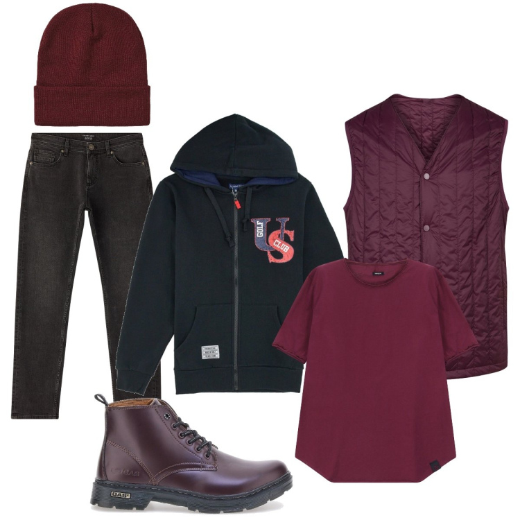 Outfit uomo - Anche per lui rosso Autunno. Stile Urban per Tutti i giorni. Abbinamento con jeans, berretti, t-shirt, felpe con cappuccio, piumini, anfibi.