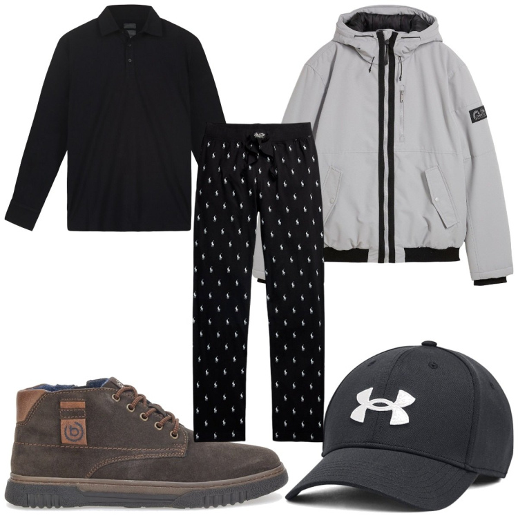 Outfit uomo - Total look #2259848. Stile Trendy per Tutti i giorni. Abbinamento con piumini, pantaloni, scarpe stringate, cappelli, polo.