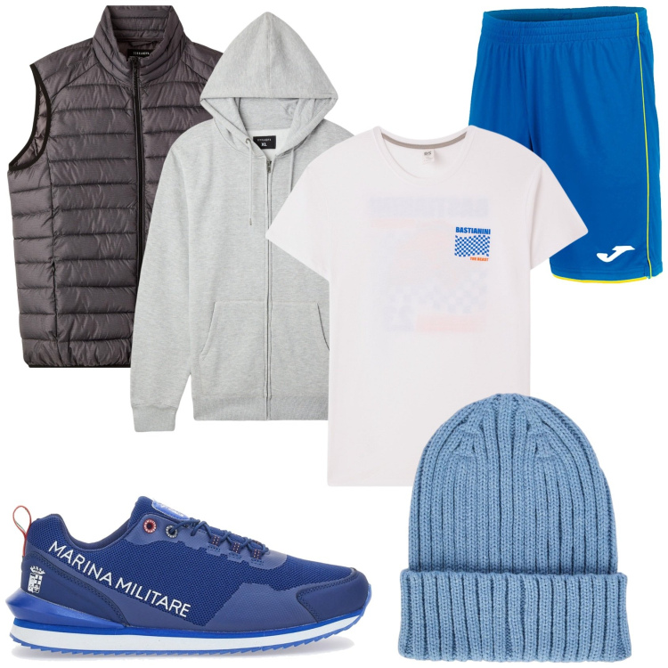 Outfit uomo - Vado in palestra. Stile Urban per Sport. Abbinamento con felpe con cappuccio, piumini, t-shirt, berretti, sneakers, pantaloni corti.