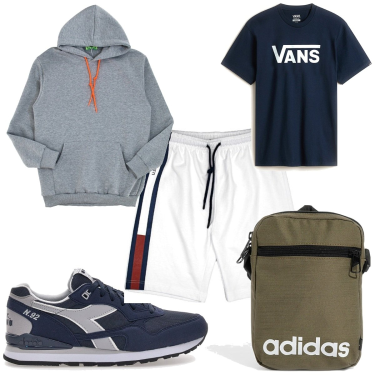 Outfit uomo - Total look #2259852. Stile Trendy per Sport. Abbinamento con felpe con cappuccio, t-shirt, borse sportive, sneakers, pantaloni corti.