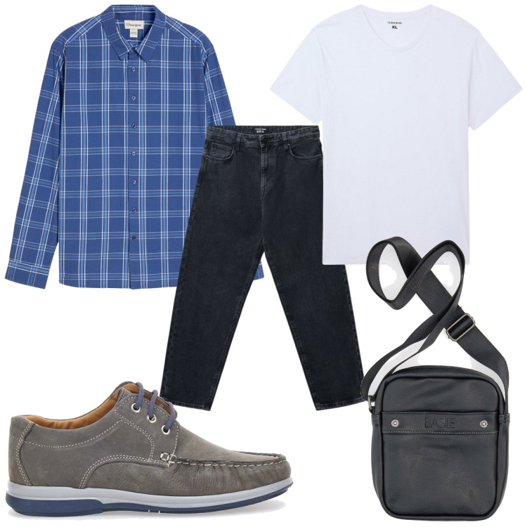 Outfit uomo - Total look #2259853. Stile Casual per Tutti i giorni. Abbinamento con camicie, t-shirt, jeans, scarpe stringate, borse sportive.