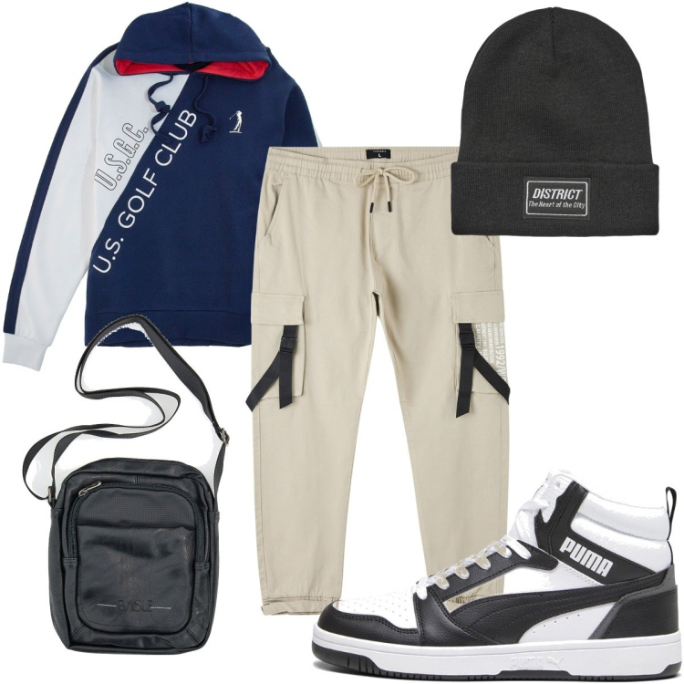 Outfit uomo - Total look #2259858. Stile Urban per Tutti i giorni. Abbinamento con berretti, pantaloni cargo, felpe, sneakers alte, borse sportive.