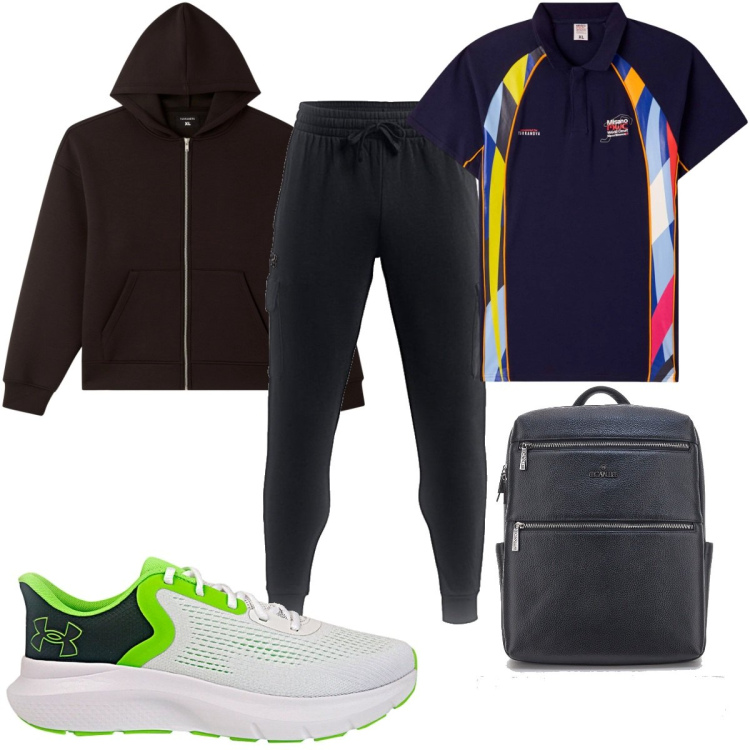 Outfit uomo - Total look #2259860. Stile Trendy per Sport. Abbinamento con polo, felpe con cappuccio, borse sportive, pantaloni, scarpe sportive.