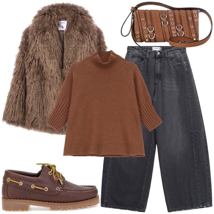Outfit donna - Sportive in pelliccia. Stile Glamour per Tutti i giorni. Abbinamento con ecopellicce, jeans, borse a spalla, maglieria, mocassini.