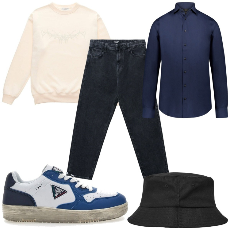 Outfit uomo - Total look #2259865. Stile Casual per Tutti i giorni. Abbinamento con cappelli con visiera, jeans, felpe, camicie, sneakers.