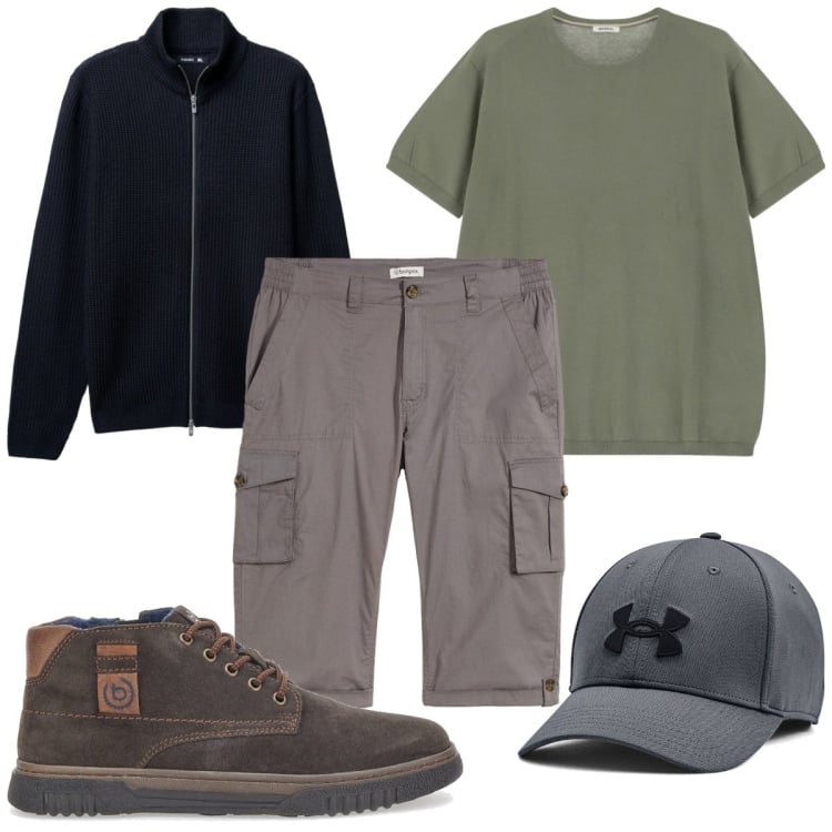 Outfit uomo - Total look #2259869. Stile Trendy per Tutti i giorni. Abbinamento con bermuda, cardigans, t-shirt, scarpe stringate, cappelli.