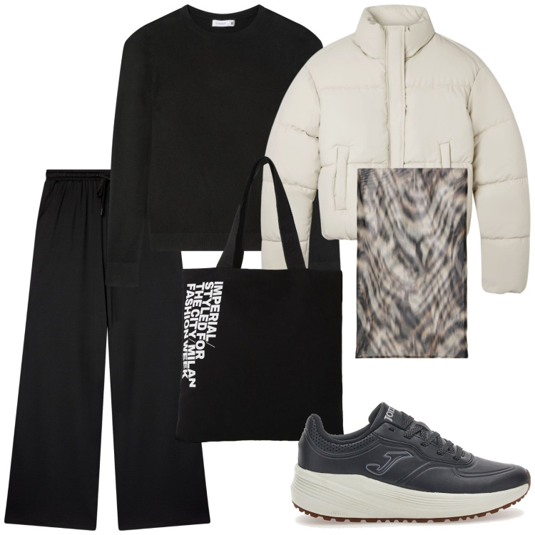 Outfit donna - Al mercato. Stile Casual per Tutti i giorni. Abbinamento con pantaloni, maglieria, bomber, shopping bag, sneakers, foulard.