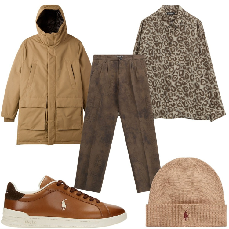 Outfit uomo - Total look #2259871. Stile Trendy per Tutti i giorni. Abbinamento con parka, pantaloni, camicie, berretti, sneakers.