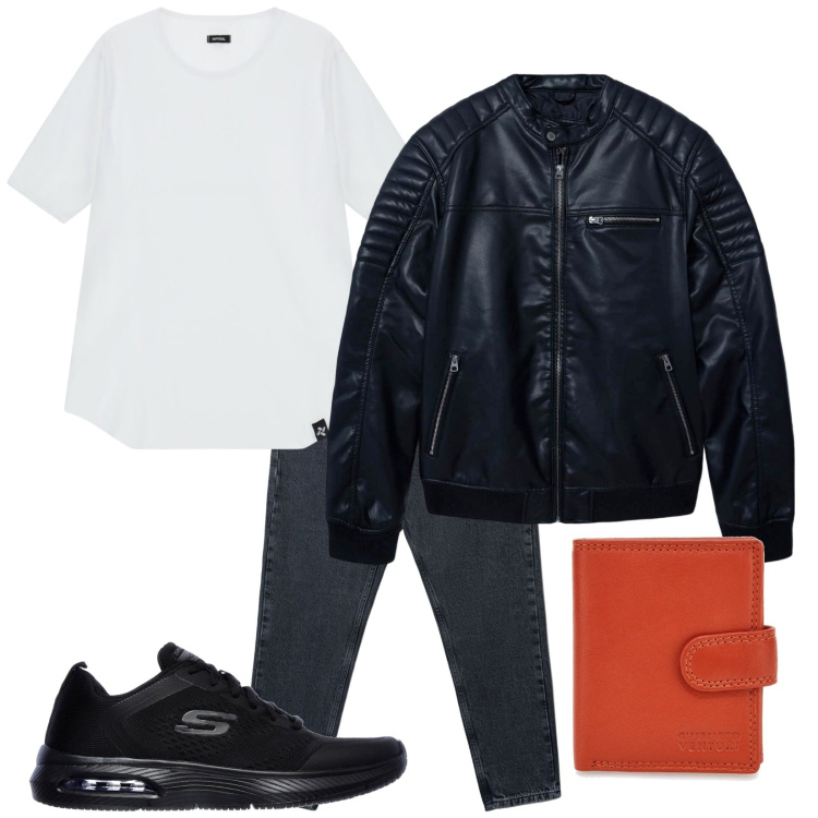 Outfit uomo - Total look #2259872. Stile Biker Rock per Tutti i giorni. Abbinamento con jeans strappati, giacche, t-shirt, portafogli, sneakers.