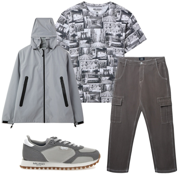 Outfit uomo - Total look #2259873. Stile Casual per Tutti i giorni. Abbinamento con t-shirt, giacche, pantaloni cargo, sneakers.