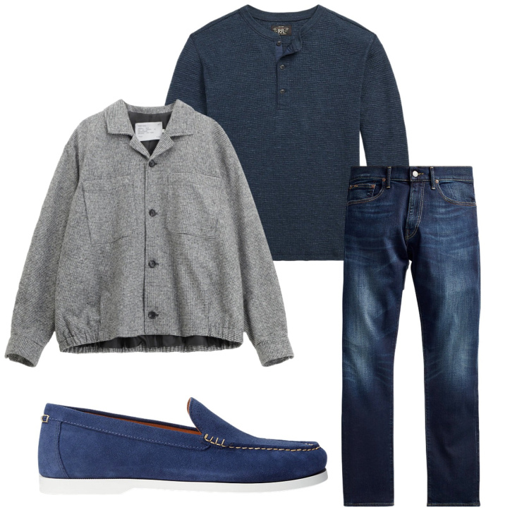 Outfit uomo - Total look #2259875. Stile Casual per Ufficio. Abbinamento con cappotti, jeans, scarpe stringate, t-shirt.