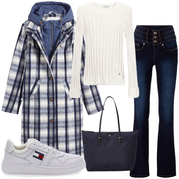 Outfit donna - A quadri blu. Stile Trendy per Tutti i giorni. Abbinamento con cappotti, jeans bootcut, pullovers, borse tote, sneakers.