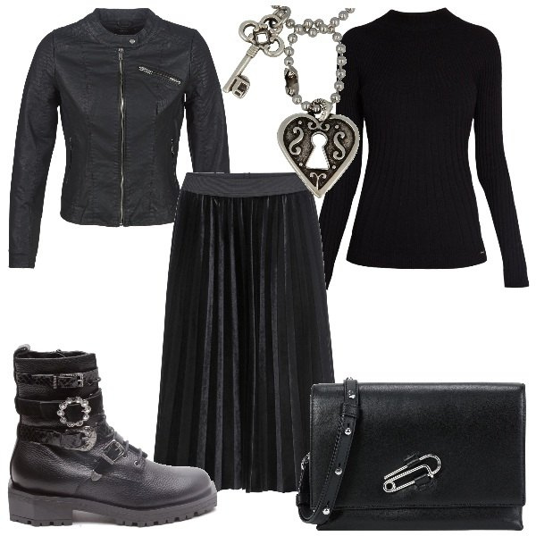 Outfit donna - Nero e metallo. Stile Rock per Tutti i giorni. Abbinamento con pantaloni, borsa a tracolla mini con zip interno foderato in pelle tinta unita, giacca nero, maglione nero, anfibi effetto vernice, collana con cuore 100% nichel fatto a mano.